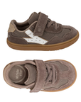 Pair of toddler's low-top sneakers in brown suede with a hook-and-loop strap closure, elastic lacing, a white accent Y shaped stripe on side and a tan outsole.
