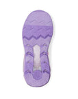 Sole of a lavender shoe with a textured pattern, featuring a memory foam footbed, viewed from the bottom.