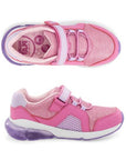 Pink childrens sneakers with purple soles, mesh panels, and a Velcro strap. Features a memory foam footbed for comfort.