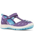 Kids Merrell Hydro Lily Fisherman Sandal in purple with aqua sole, featuring water-friendly design and adjustable strap for all-day comfort.