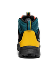A high-top Merrell hiking boot shown from the rear, featuring a bright yellow heel counter, a teal mesh upper, and a black treaded outsole.