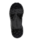 Black treaded outsole with grey accents and Merrell logo in middle.