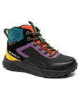 Mid-top hiking boot in black with purple, teal, orange, and yellow accents, featuring a black and yellow striped laces and a black treaded outsole.