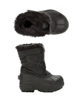 Side and top views of black Youth Sorel Snow Commander Boot highlighting fur-lined interior and durable waterproof construction.