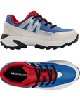 Pair of Merrell logo'd trail running shoes in blue with white wrap, red lining and tongue, silver "M" accent and a black and grey lugged outsole.