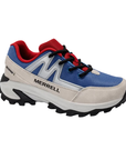 A Merrell logo'd trail running shoe in blue with white wrap, red lining and tongue, silver "M" accent and a black and grey lugged outsole.