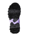Black lugged outsole with purple accent waved horizontally through middle.