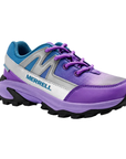 A Merrell logo'd trail running shoe in purple with silver accents, blue gradient mesh upper, purple laces, and a black and purple lugged outsole.