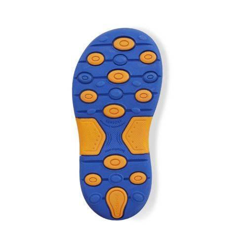 Outsole of navy and orange Stride Rite Wade 2.0 Sandal with slip-resistant grip and flexible sole for toddler mobility and safety.