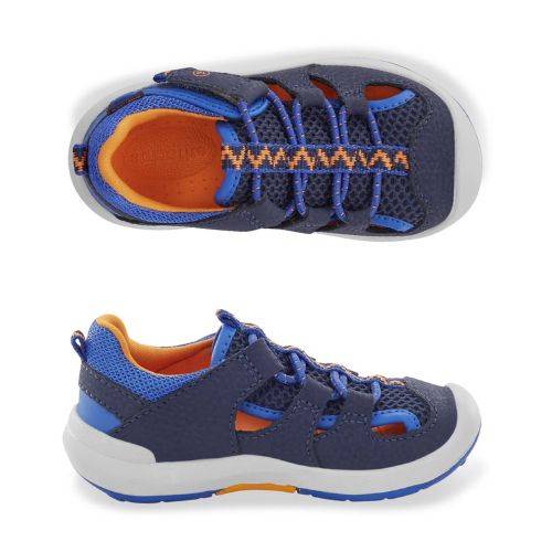 Top and side views of navy and orange Stride Rite Wade 2.0 Sandal for toddlers, featuring secure fit and cushioned antimicrobial lining.