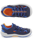 Top and side views of navy and orange Stride Rite Wade 2.0 Sandal for toddlers, featuring secure fit and cushioned antimicrobial lining.