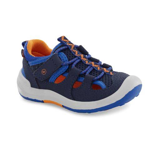 Navy and orange Stride Rite Wade 2.0 Sandal for kids with breathable mesh and fisherman-style straps, ideal for water-friendly adventures.