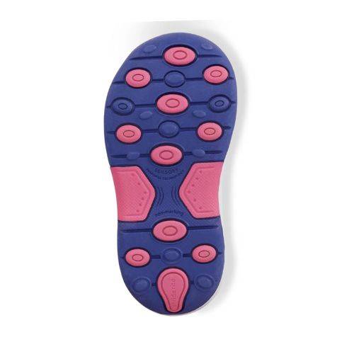 Bottom view of Stride Rite Wade 2.0 Sandal outsole in purple and pink, designed for toddler traction and comfort during water play.