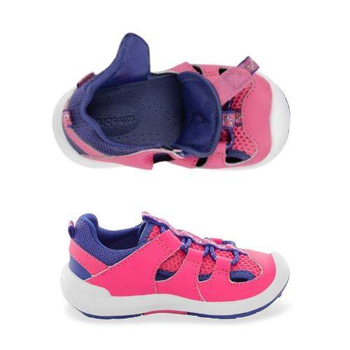 Top and side views of pink and purple Stride Rite Wade 2.0 Sandal for kids, showcasing soft insoles and durable water-friendly construction.