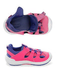 Top and side views of pink and purple Stride Rite Wade 2.0 Sandal for kids, showcasing soft insoles and durable water-friendly construction.