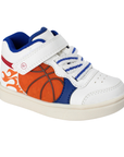 White kids sneaker with blue accents, Velcro strap and basketball with flames on side.