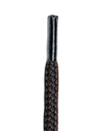 End of Black an brown braided lace with plastic finish.