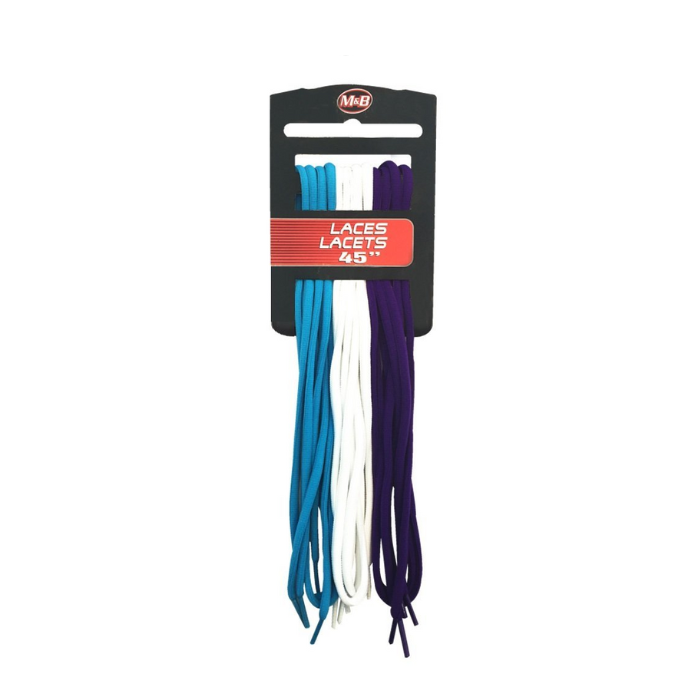 3 pack of round laces, 45" long, with one blue, one white and one purple
