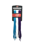 3 pack of round laces, 45" long, with one blue, one white and one purple