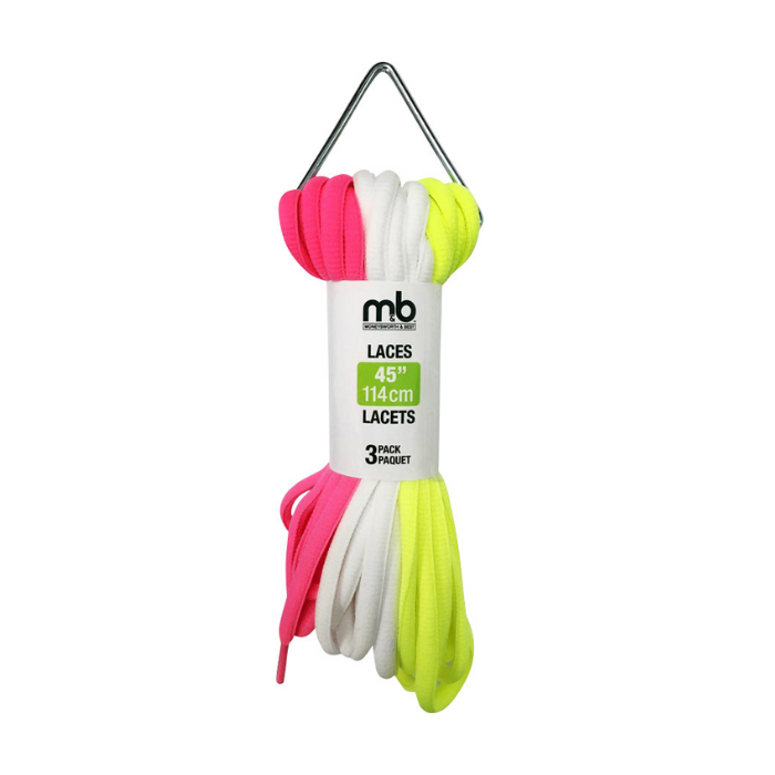 3 pack of round laces, 45" long, neon colors with one pink, one white and one yellow