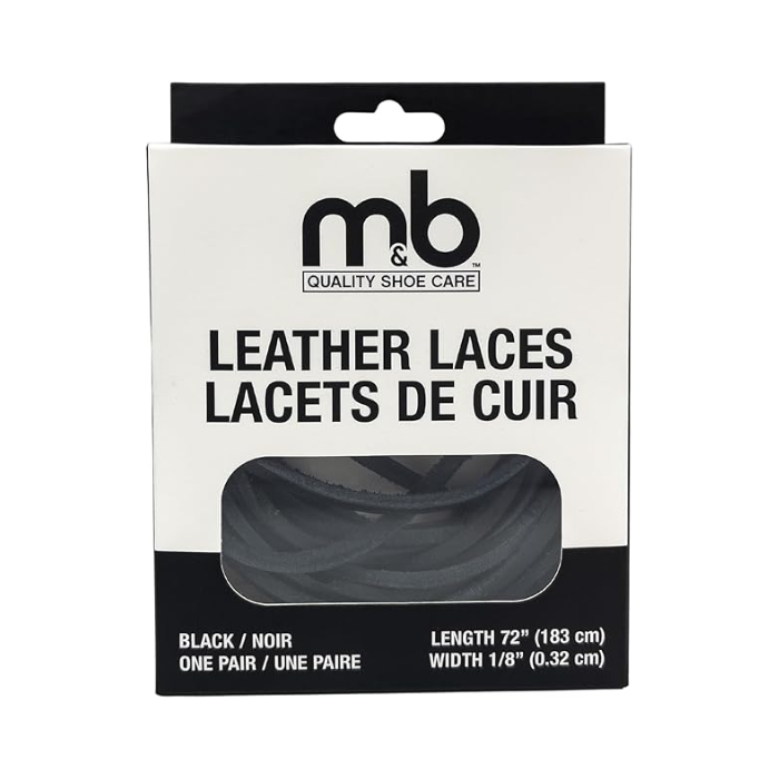Black Moneysworth & Best Leather Shoe Laces, 72 inches long and 1/8 inch wide, crafted in Canada for strength and long-lasting use.