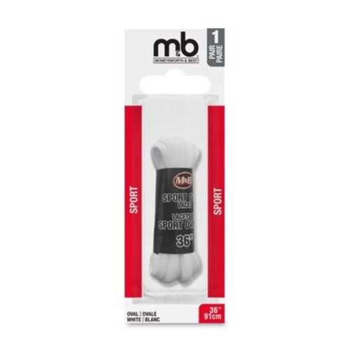 Money's Worth & Best Oval Sport Shoe Laces in white, 36-inch length, ideal for athletic or casual shoes. Packaged for retail in red and white.