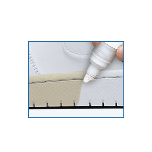 Demonstration of Moneysworth & Best Super White Sneaker Pen restoring white color on sneaker midsole. Effective shoe treatment for dull or yellowed shoes.