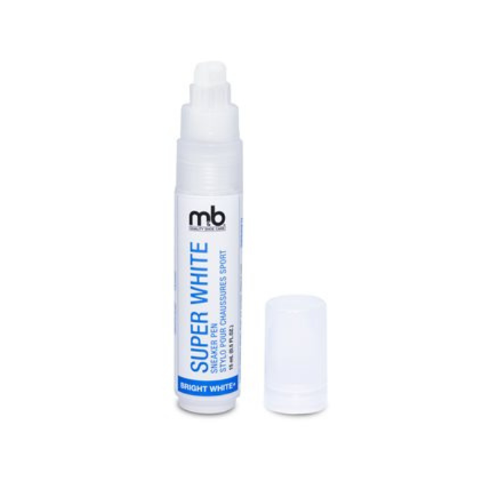 Moneysworth & Best Super White Sneaker Pen with cap off, ideal for brightening white athletic shoes. Shoe care product for restoring sneaker color.