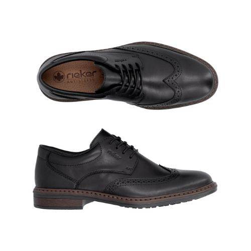 Top and side view of black Rieker L7620 Baroque Dress Shoe for men, showcasing classic brogue design and cushioned insole.