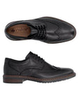 Pair of black Dress Shoes with wingtip brogue accents, Rieker logo'd footbed, black outsole and lace-up closure.