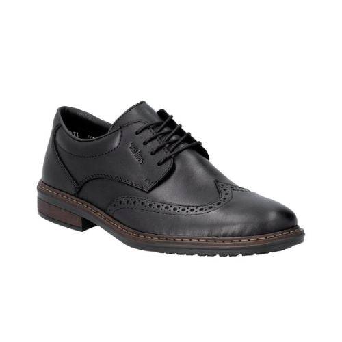 Men's Rieker L7620 Baroque Dress Shoe in black with brogue detailing, ideal for formal wear. Lightweight and flexible lace-up men's shoe.