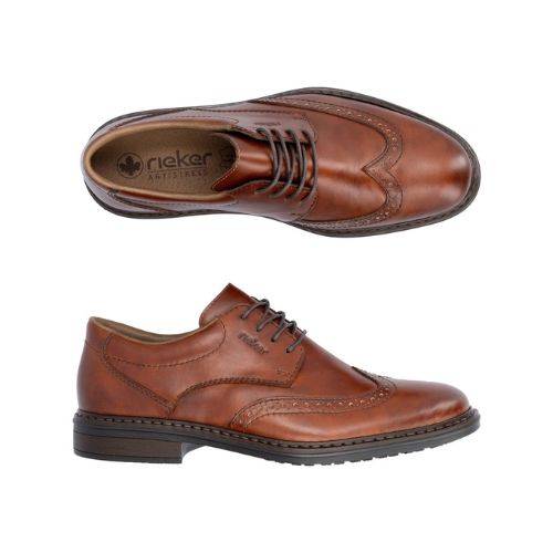 Top and side view of brown Rieker L7620 Baroque Dress Shoe for men, crafted for comfort with a flexible sole and lace-up closure.