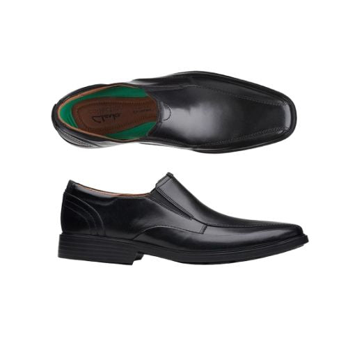 Top and side view of black Clarks Clarkslite Ave men's slip-on dress shoe crafted from genuine leather with lightweight, cushioned support.