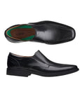Top and side view of black Clarks Clarkslite Ave men's slip-on dress shoe crafted from genuine leather with lightweight, cushioned support.