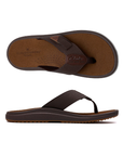 Pair of brown flip-flops and tan Clarks Cloudsteppers logo'd footbed.