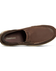 Top of Brown leather loafer shoe with accent stitching and brown Dunham logo'd footbed.