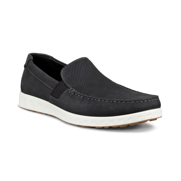 An Ecco black nubuck slip-on with a white midsole. Upper has perforations and apron stitching.