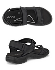 Pair of black walking sandals with three adjustable Velcro straps, Ecco logo'd black footbed and treaded black outsole.