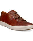 A cognac nubuck casual sneaker with a white midsole and brown outsole. A brown leather tag near the laces show the Ecco logo.