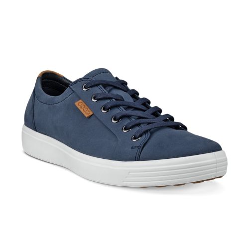 A light blue nubuck casual sneaker with a white midsole and brown outsole. A brown leather tag near the laces show the Ecco logo.