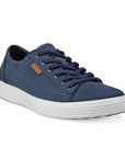 A light blue nubuck casual sneaker with a white midsole and brown outsole. A brown leather tag near the laces show the Ecco logo.