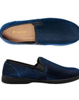 Top and side view of the Regal 2 Slipper in navy. Insole is tan with the Foamtreads logo visible.