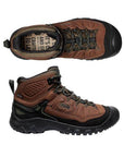 Top and side view of brown leather Hiker Boots with black accents, tan footbed and black rubber outsole with toe bumper.