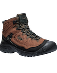 Mid-height hiker boot with brown and black nubuck upper. Laces are brown, outsole is black.