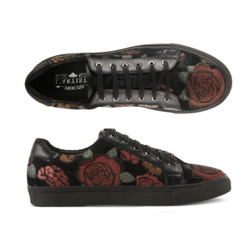 Top and side view of Ander Rose lace-up sneaker. L'Artiste logo is printed on the insole.