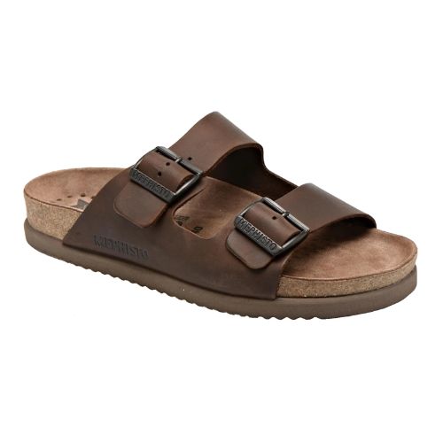 Brown leather two strap sandal with buckle closures, supportive cork midsole and brown outsole.