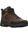 Men's Merrell Coldpack 3 Thermo Mid Waterproof Hiking Boot in brown leather with lace-up design and rugged Vibram Arctic Grip sole for winter traction.
