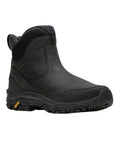 Men's Merrell Coldpack 3 Thermo Waterproof Boot in black with Vibram Arctic Grip outsole, ideal for winter hiking and wet conditions.