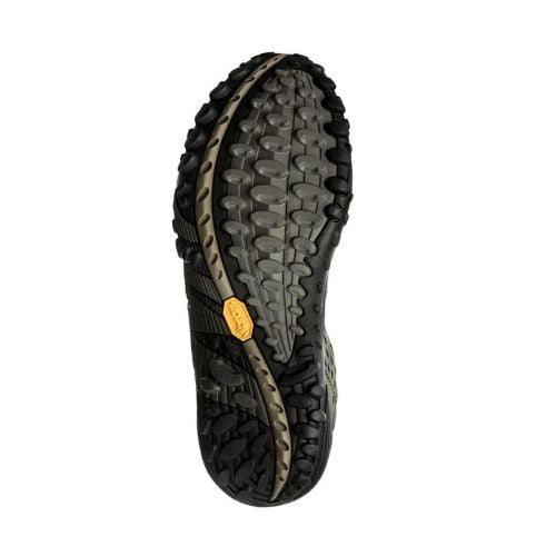 Durable Vibram outsole of Men's Merrell Intercept Sneaker with aggressive tread pattern for superior traction on rugged terrain.