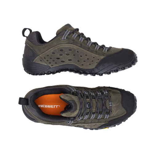 Top and side views of Men's Merrell Intercept Sneaker in green, showcasing breathable upper and cushioned insole for all-day comfort.